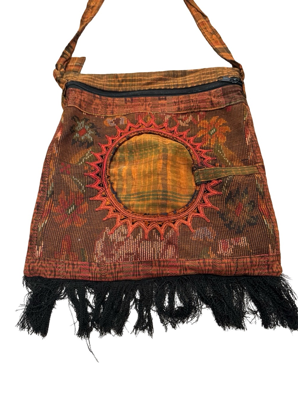 Bohemian Embroidered Fringe Crossbody Bag - Rust Orange